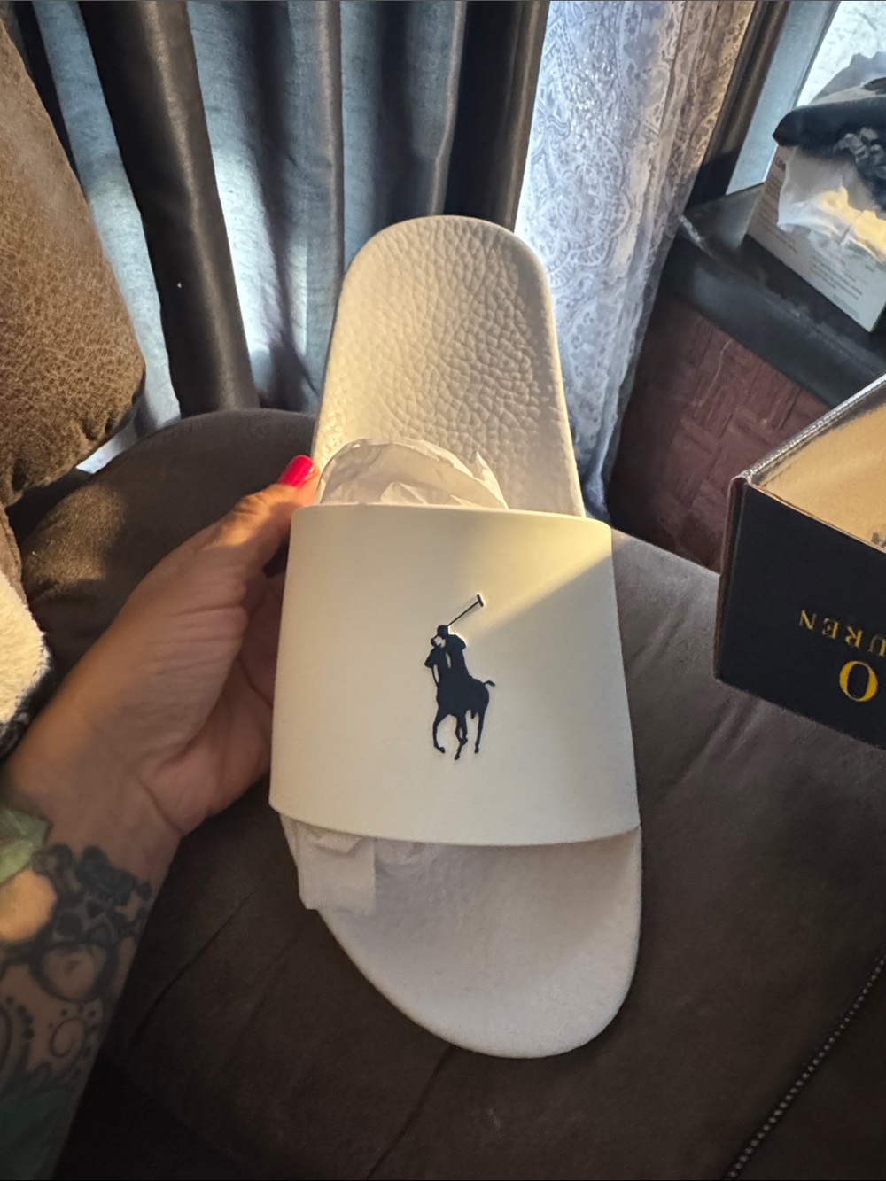 Polo by Ralph Lauren White Slide with Navy Polo Player Logo